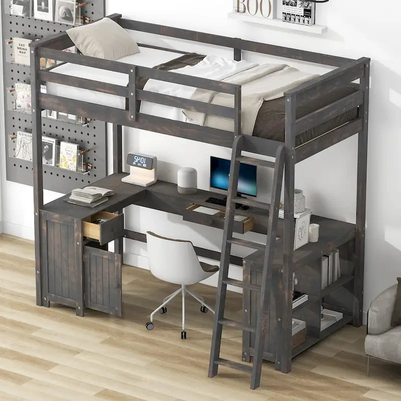 Twin Size Loft Bed with U-shaped Desk, Drawers and Storage Shelves