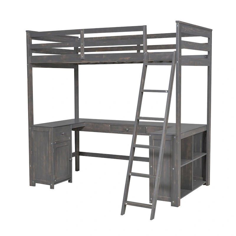 Twin Size Loft Bed with U-shaped Desk, Drawers and Storage Shelves