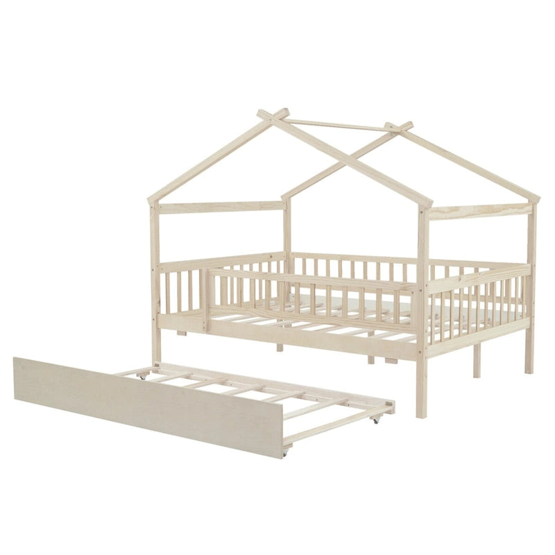 Full Pine House Bed with Twin Trundle, Guardrail