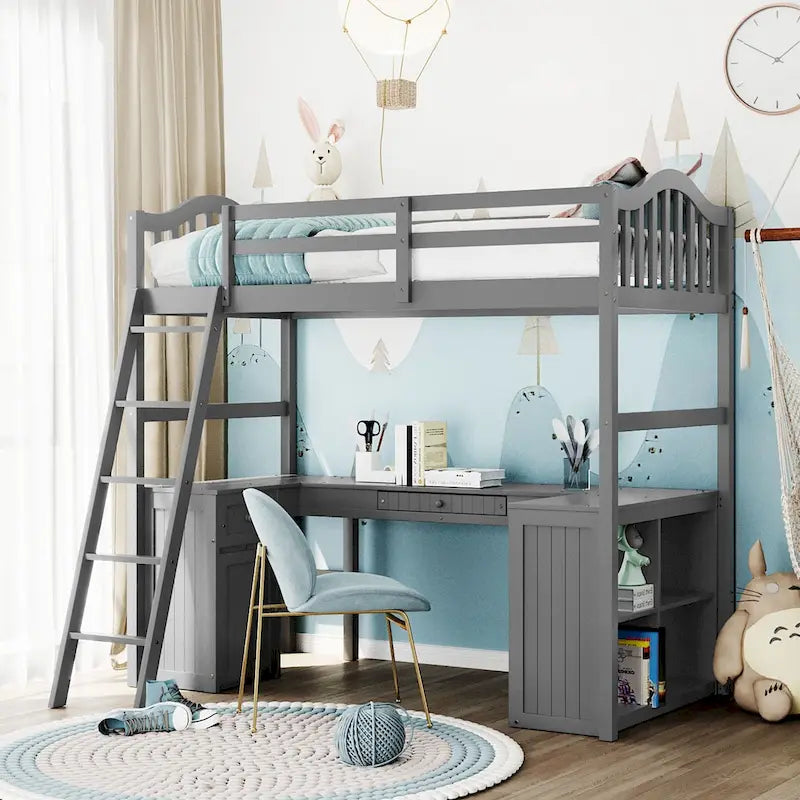 Letto a soppalco singolo con cassetti, armadietto, ripiani e scrivania, in legno con scrivania