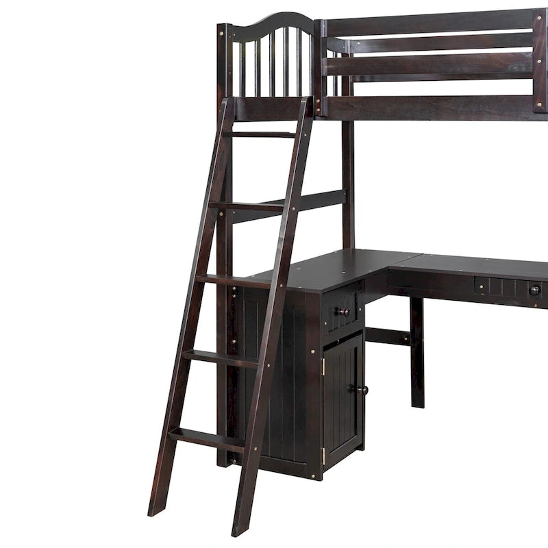 Letto a soppalco singolo con cassetti, armadietto, ripiani e scrivania, in legno con scrivania