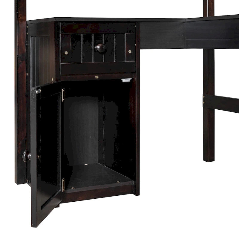 Letto a soppalco singolo con cassetti, armadietto, ripiani e scrivania, in legno con scrivania