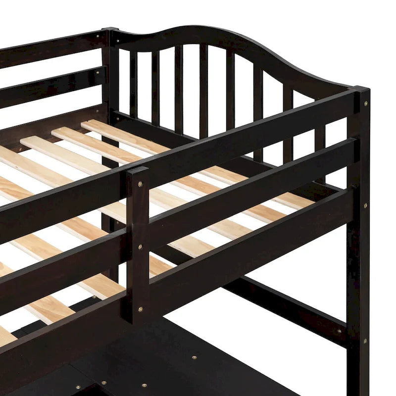 Letto a soppalco singolo con cassetti, armadietto, ripiani e scrivania, in legno con scrivania