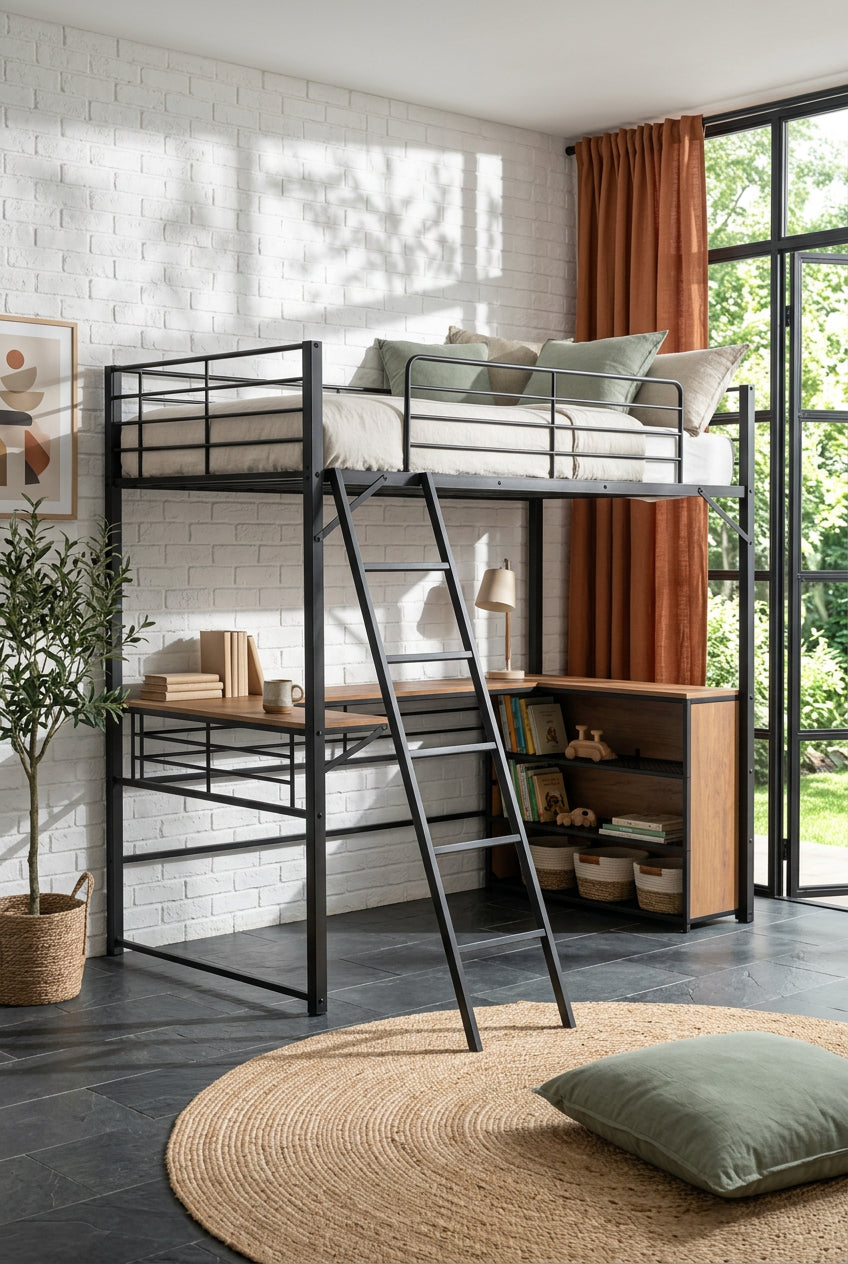 Black Twin Metal Loft Bed with Shelves & Desk