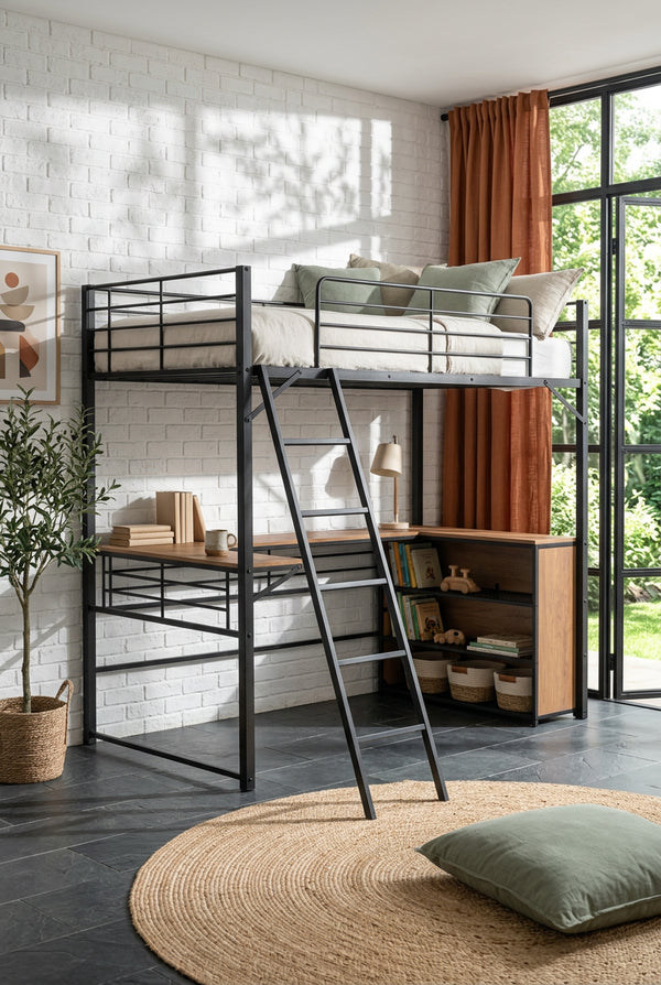 Black Twin Metal Loft Bed with Shelves & Desk