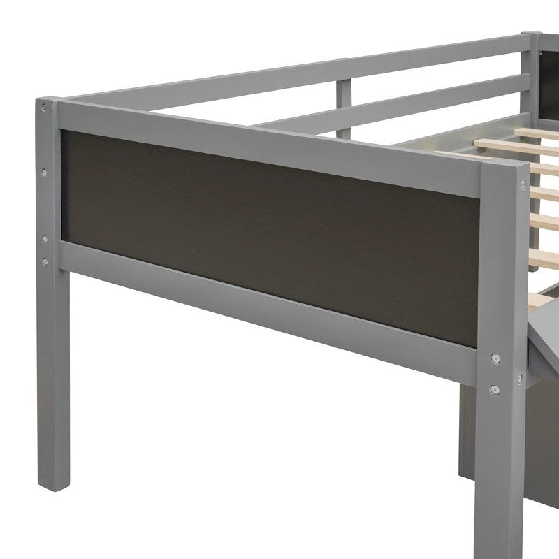 Low Loft Bed with Slide, Twin Loft Bed with Storage Boxes, Wood Twin Low Loft Bed Frame with Climbing Ladder and Chalk Board