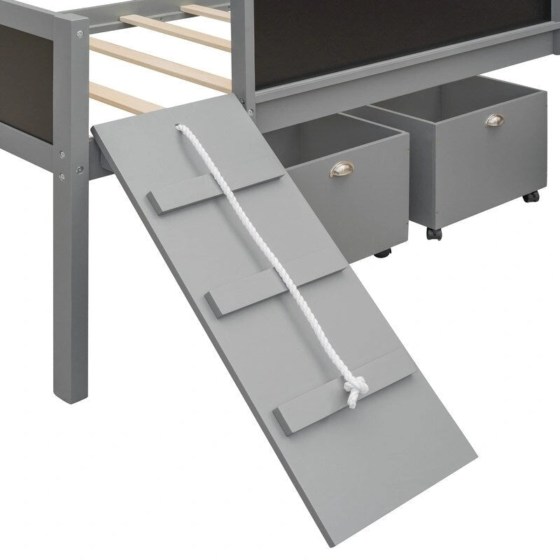 Niedriges Hochbett mit Rutsche, Twin-Hochbett mit Aufbewahrungsboxen, Holzrahmen für niedriges Twin-Hochbett mit Kletterleiter und Kreidetafel