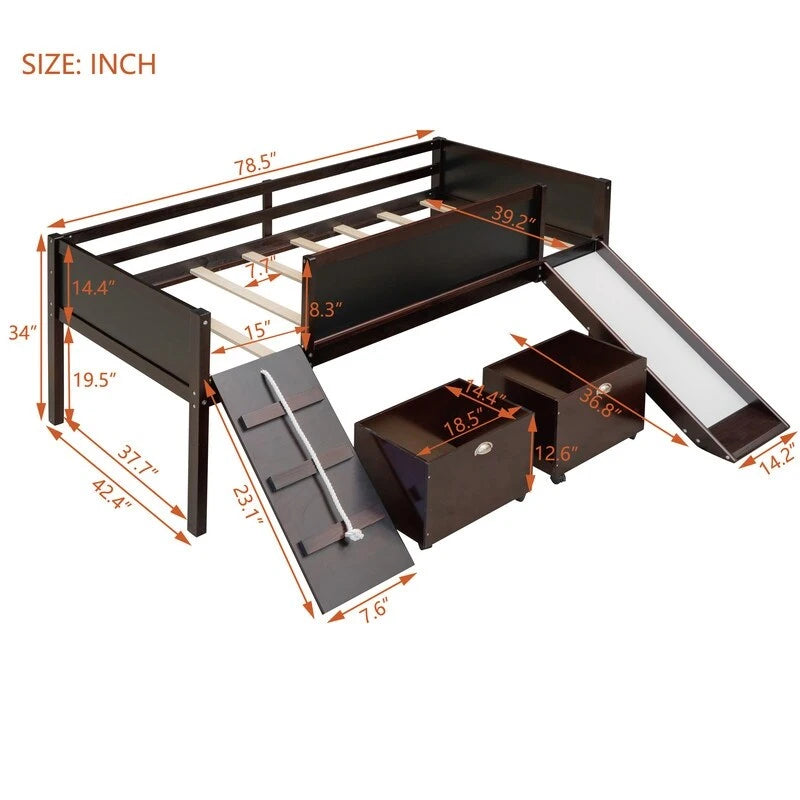 Niedriges Hochbett mit Rutsche, Twin-Hochbett mit Aufbewahrungsboxen, Holzrahmen für niedriges Twin-Hochbett mit Kletterleiter und Kreidetafel
