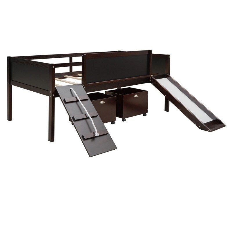 Niedriges Hochbett mit Rutsche, Twin-Hochbett mit Aufbewahrungsboxen, Holzrahmen für niedriges Twin-Hochbett mit Kletterleiter und Kreidetafel