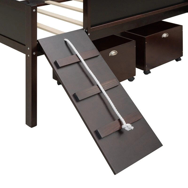 Niedriges Hochbett mit Rutsche, Twin-Hochbett mit Aufbewahrungsboxen, Holzrahmen für niedriges Twin-Hochbett mit Kletterleiter und Kreidetafel