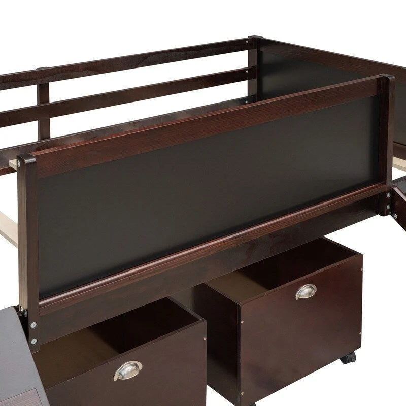 Niedriges Hochbett mit Rutsche, Twin-Hochbett mit Aufbewahrungsboxen, Holzrahmen für niedriges Twin-Hochbett mit Kletterleiter und Kreidetafel