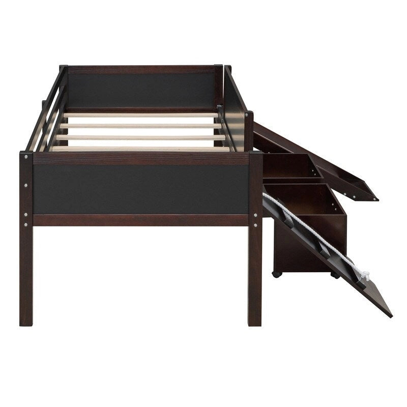 Niedriges Hochbett mit Rutsche, Twin-Hochbett mit Aufbewahrungsboxen, Holzrahmen für niedriges Twin-Hochbett mit Kletterleiter und Kreidetafel