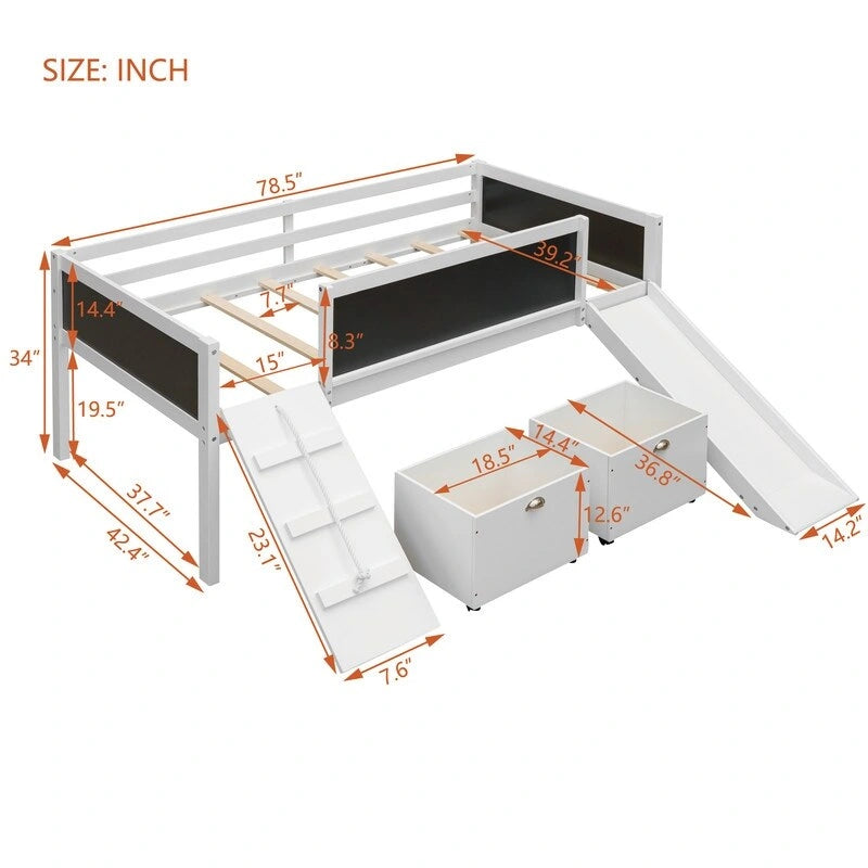 Niedriges Hochbett mit Rutsche, Twin-Hochbett mit Aufbewahrungsboxen, Holzrahmen für niedriges Twin-Hochbett mit Kletterleiter und Kreidetafel