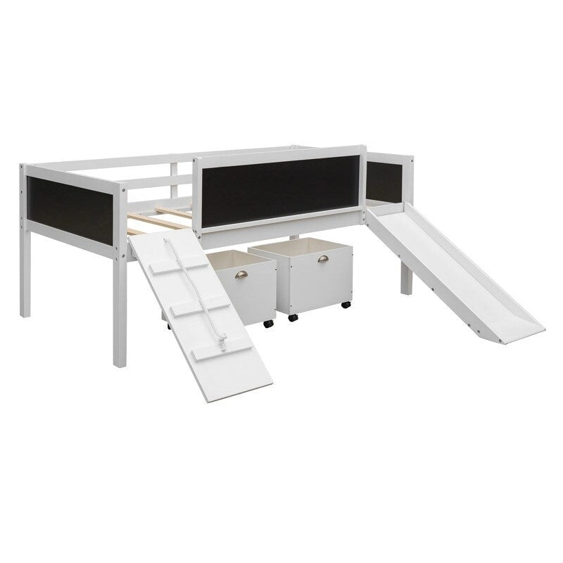 Niedriges Hochbett mit Rutsche, Twin-Hochbett mit Aufbewahrungsboxen, Holzrahmen für niedriges Twin-Hochbett mit Kletterleiter und Kreidetafel