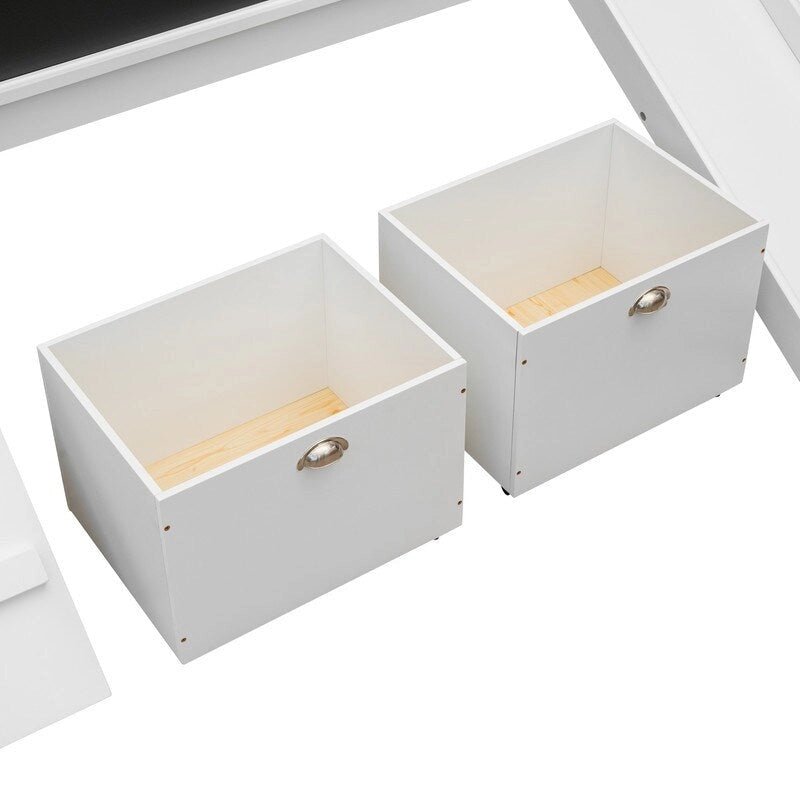 Niedriges Hochbett mit Rutsche, Twin-Hochbett mit Aufbewahrungsboxen, Holzrahmen für niedriges Twin-Hochbett mit Kletterleiter und Kreidetafel