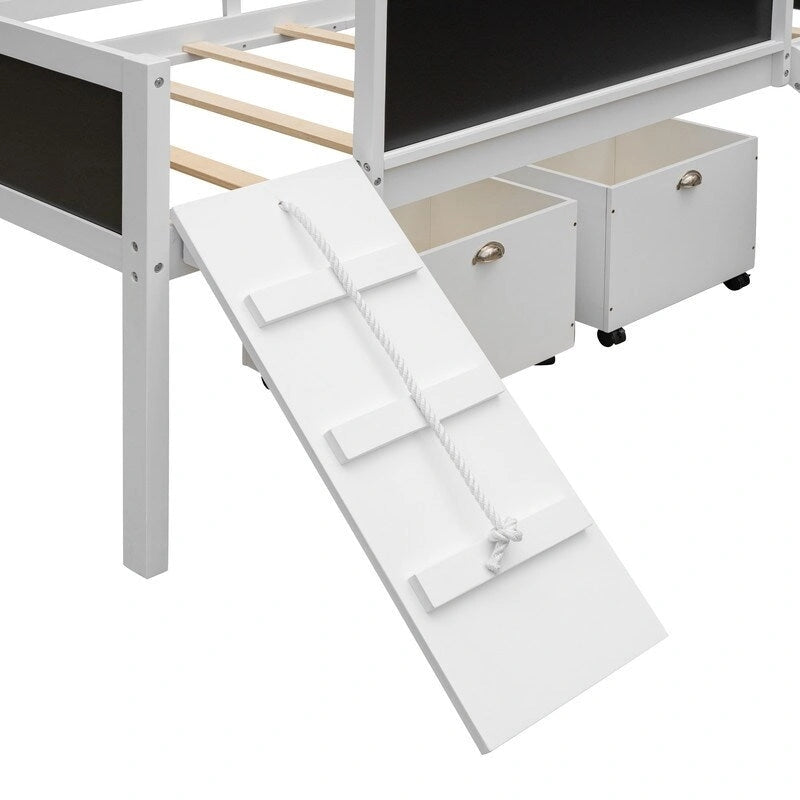 Niedriges Hochbett mit Rutsche, Twin-Hochbett mit Aufbewahrungsboxen, Holzrahmen für niedriges Twin-Hochbett mit Kletterleiter und Kreidetafel
