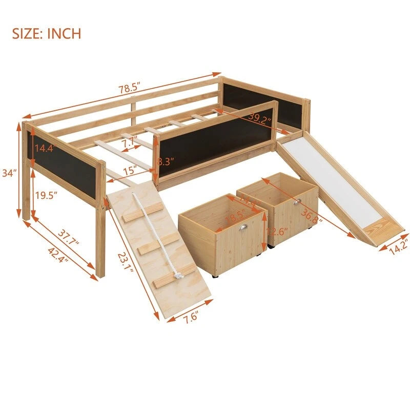 Niedriges Hochbett mit Rutsche, Twin-Hochbett mit Aufbewahrungsboxen, Holzrahmen für niedriges Twin-Hochbett mit Kletterleiter und Kreidetafel