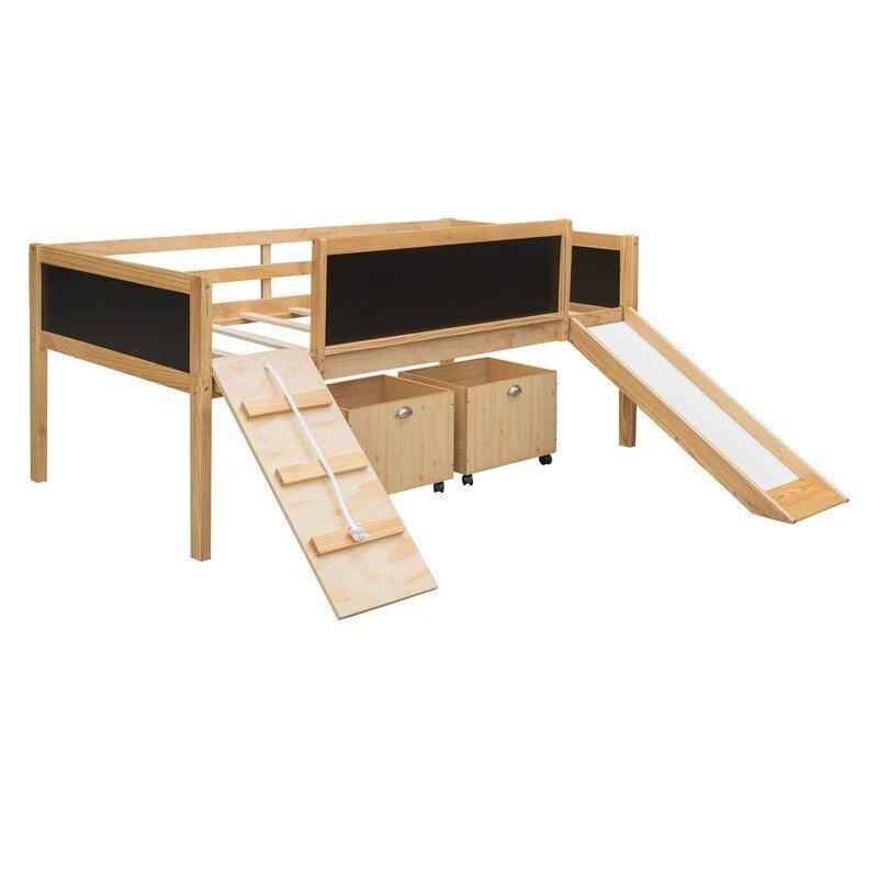 Niedriges Hochbett mit Rutsche, Twin-Hochbett mit Aufbewahrungsboxen, Holzrahmen für niedriges Twin-Hochbett mit Kletterleiter und Kreidetafel