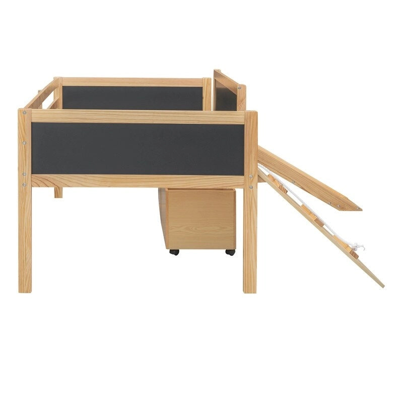 Niedriges Hochbett mit Rutsche, Twin-Hochbett mit Aufbewahrungsboxen, Holzrahmen für niedriges Twin-Hochbett mit Kletterleiter und Kreidetafel