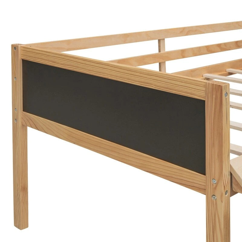Niedriges Hochbett mit Rutsche, Twin-Hochbett mit Aufbewahrungsboxen, Holzrahmen für niedriges Twin-Hochbett mit Kletterleiter und Kreidetafel