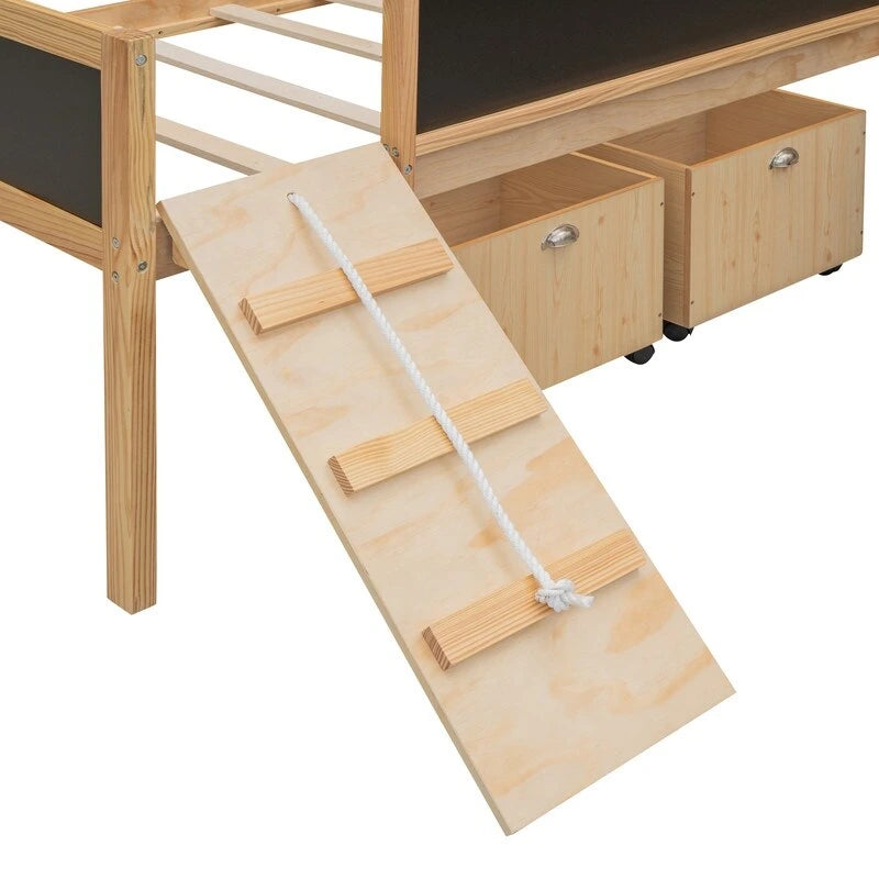 Niedriges Hochbett mit Rutsche, Twin-Hochbett mit Aufbewahrungsboxen, Holzrahmen für niedriges Twin-Hochbett mit Kletterleiter und Kreidetafel