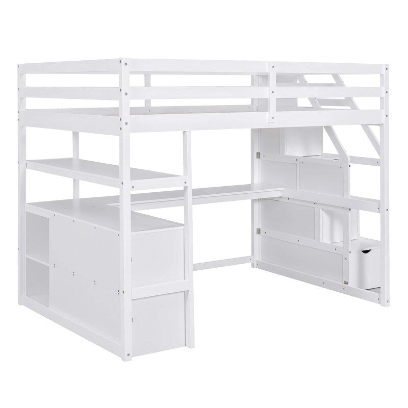 Lit mezzanine en bois Full Size avec bureau et étagères, deux tiroirs intégrés et escalier de rangement