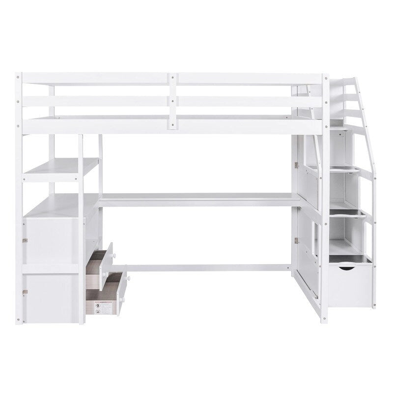 Hochbett aus Holz in voller Größe mit Schreibtisch und Regalen, zwei integrierten Schubladen und Treppe mit Stauraum
