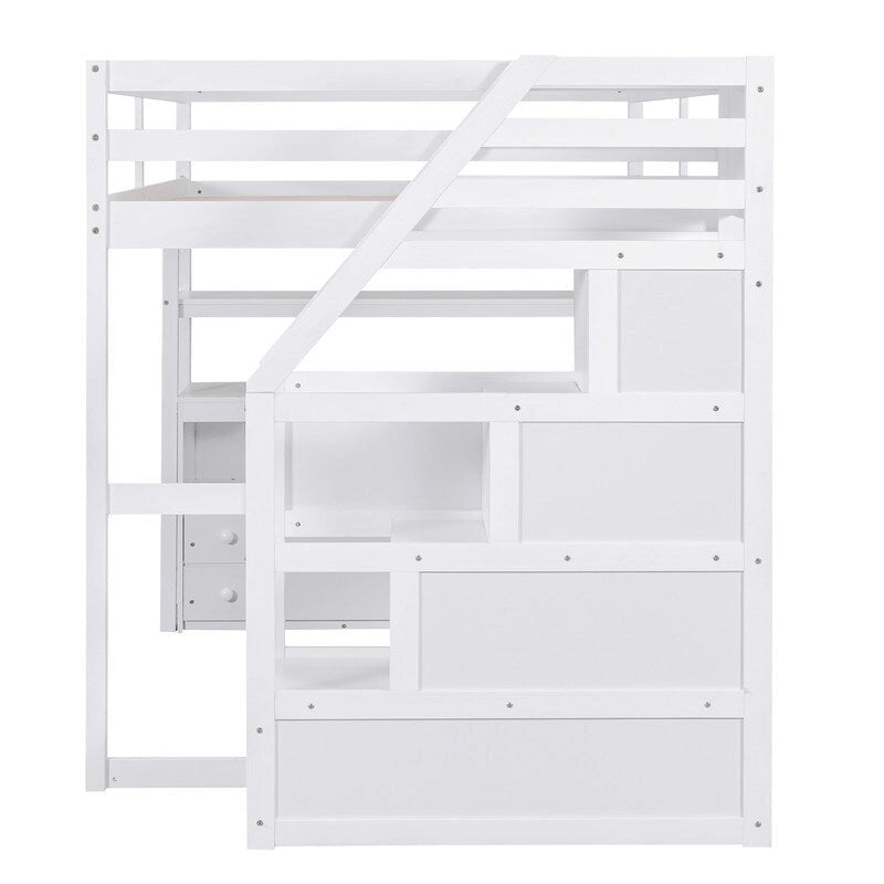 Lit mezzanine en bois Full Size avec bureau et étagères, deux tiroirs intégrés et escalier de rangement