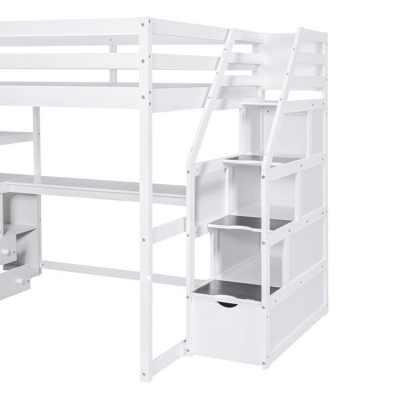 Lit mezzanine en bois Full Size avec bureau et étagères, deux tiroirs intégrés et escalier de rangement