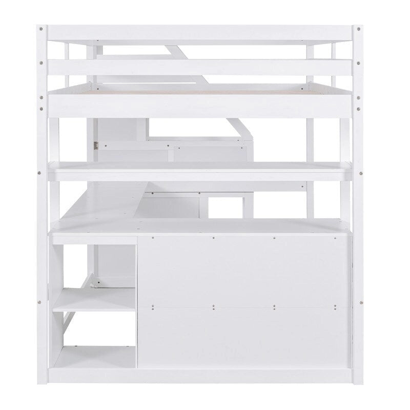Lit mezzanine en bois Full Size avec bureau et étagères, deux tiroirs intégrés et escalier de rangement