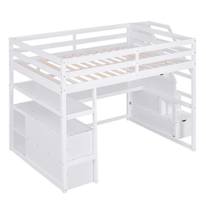 Lit mezzanine en bois Full Size avec bureau et étagères, deux tiroirs intégrés et escalier de rangement