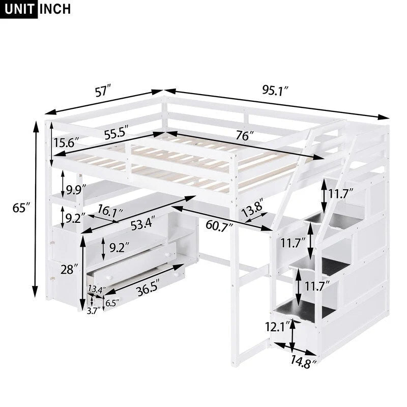 Lit mezzanine en bois Full Size avec bureau et étagères, deux tiroirs intégrés et escalier de rangement