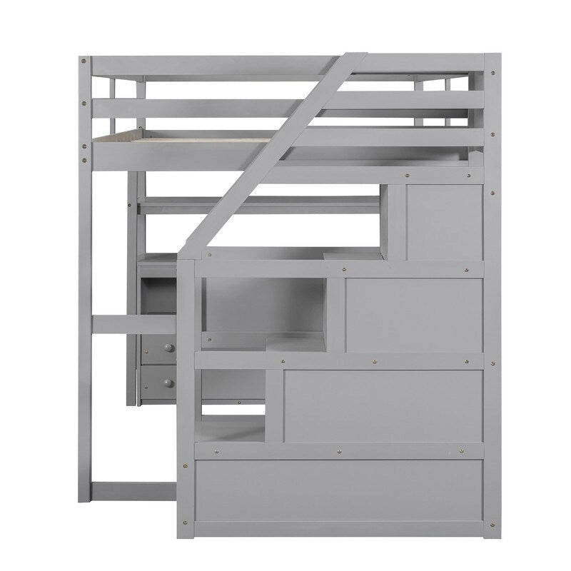 Lit mezzanine en bois Full Size avec bureau et étagères, deux tiroirs intégrés et escalier de rangement