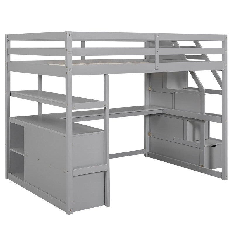 Lit mezzanine en bois Full Size avec bureau et étagères, deux tiroirs intégrés et escalier de rangement