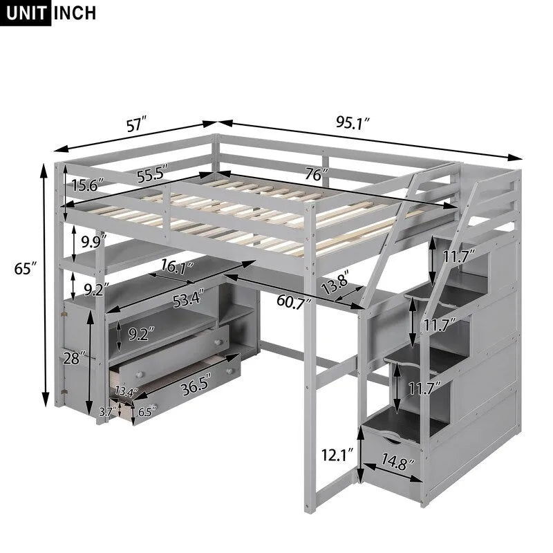 Lit mezzanine en bois Full Size avec bureau et étagères, deux tiroirs intégrés et escalier de rangement