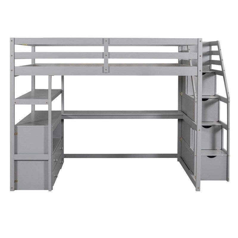Lit mezzanine en bois Full Size avec bureau et étagères, deux tiroirs intégrés et escalier de rangement