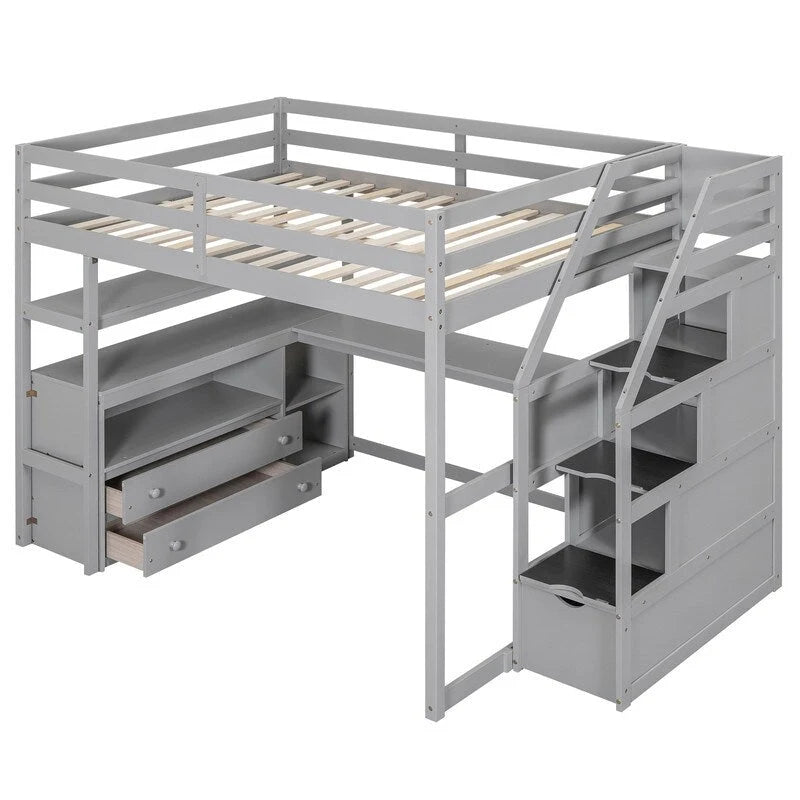 Lit mezzanine en bois Full Size avec bureau et étagères, deux tiroirs intégrés et escalier de rangement