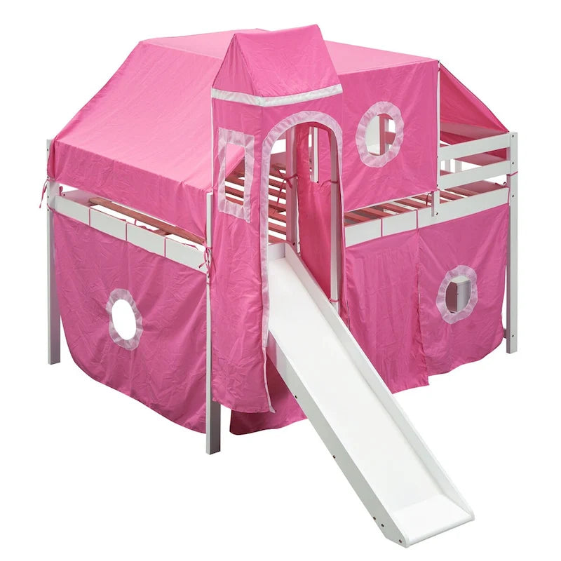 Castle style Loft Bed with Storage Staircase and Slide