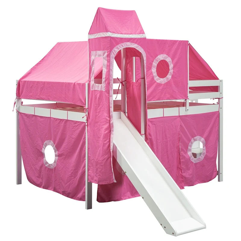 Castle style Loft Bed with Storage Staircase and Slide