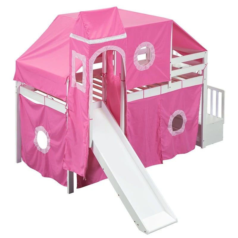 Castle style Loft Bed with Storage Staircase and Slide