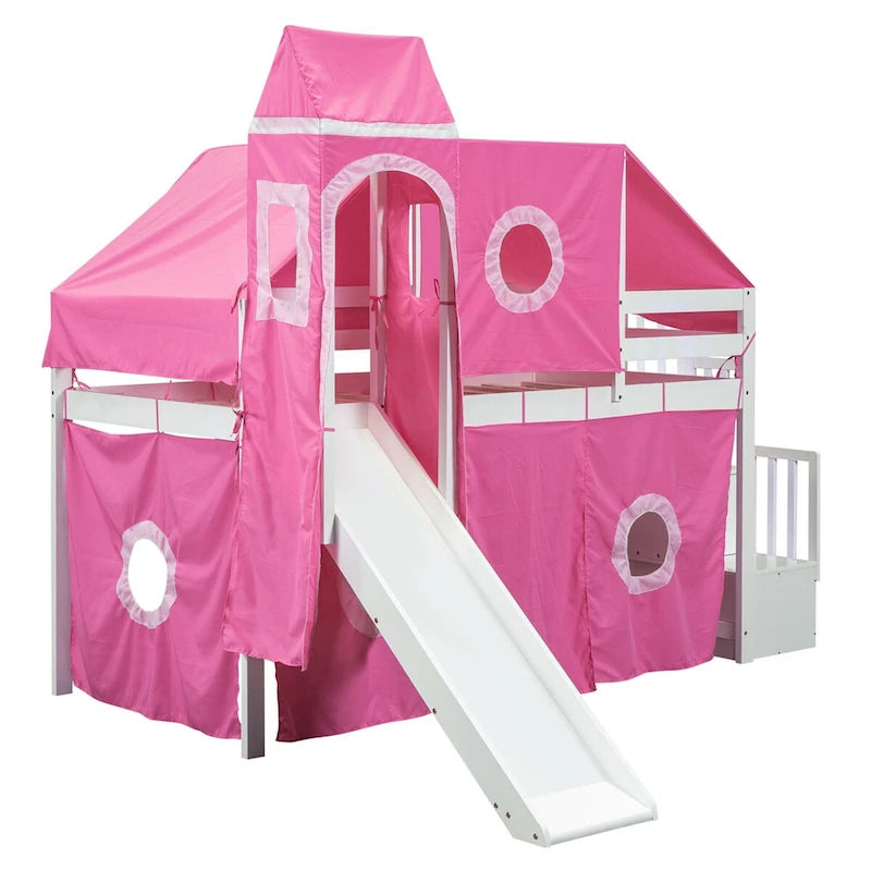 Castle style Loft Bed with Storage Staircase and Slide