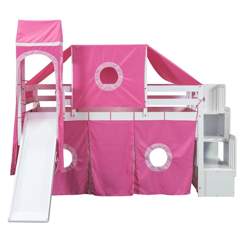 Castle style Loft Bed with Storage Staircase and Slide