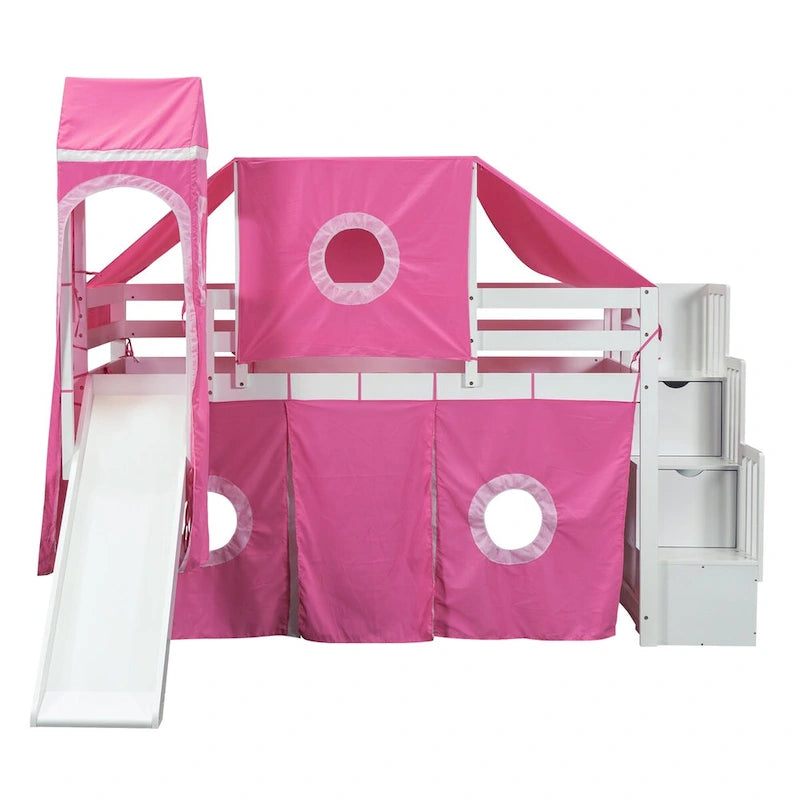 Castle style Loft Bed with Storage Staircase and Slide