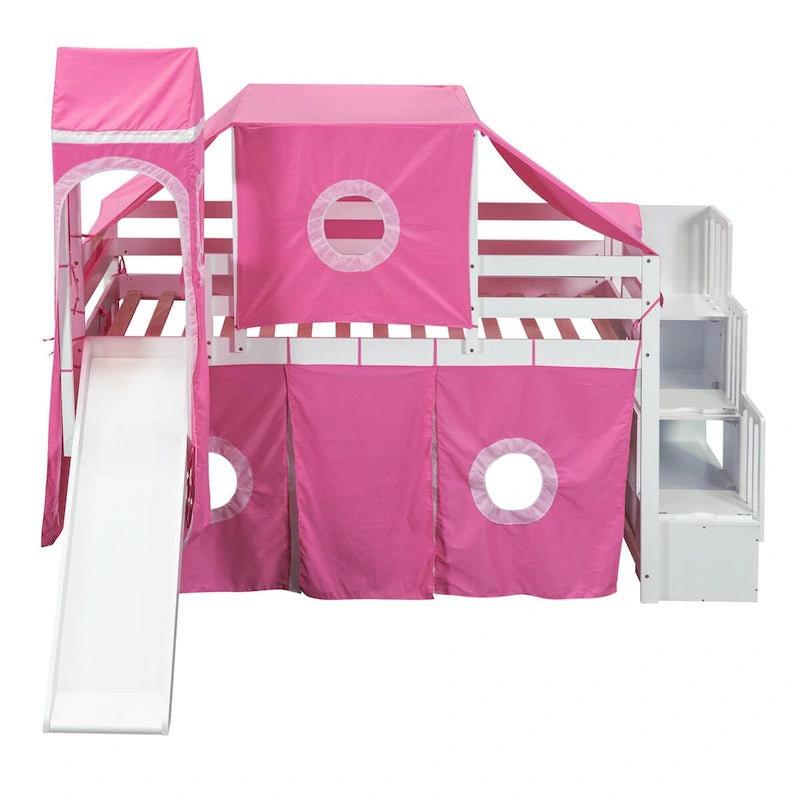 Castle style Loft Bed with Storage Staircase and Slide