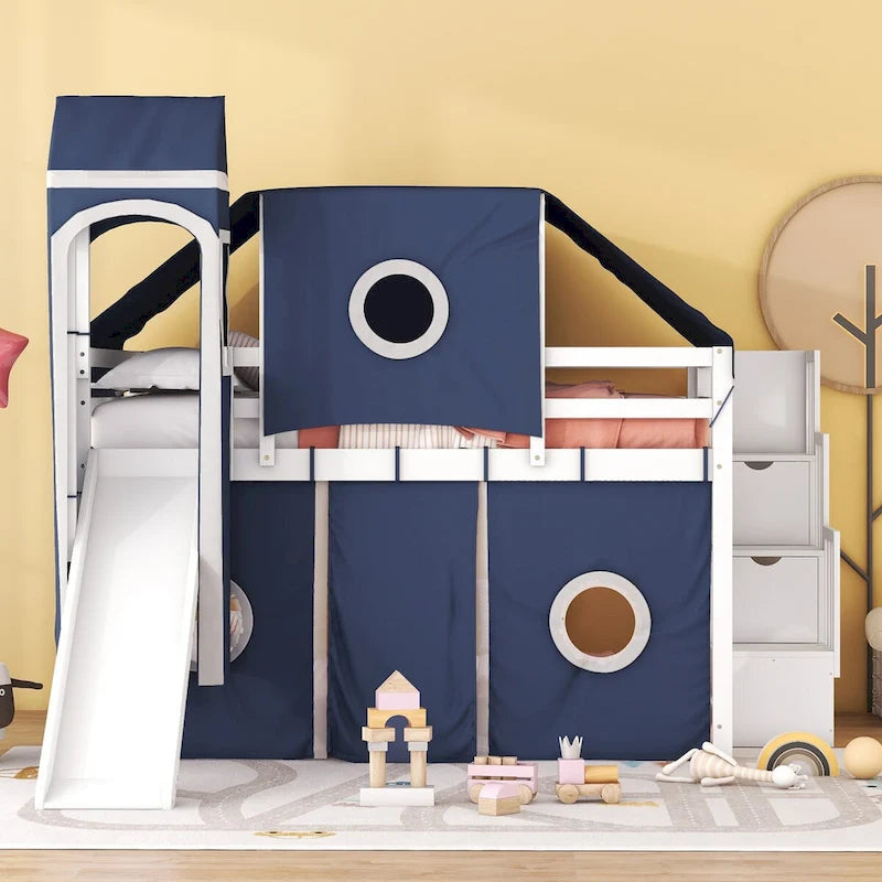 Castle style Loft Bed with Storage Staircase and Slide