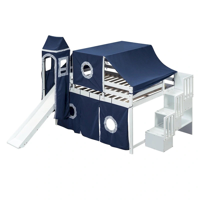 Castle style Loft Bed with Storage Staircase and Slide