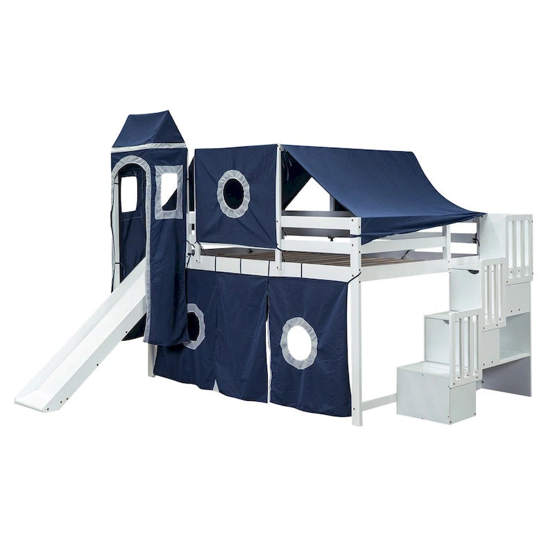 Castle style Loft Bed with Storage Staircase and Slide
