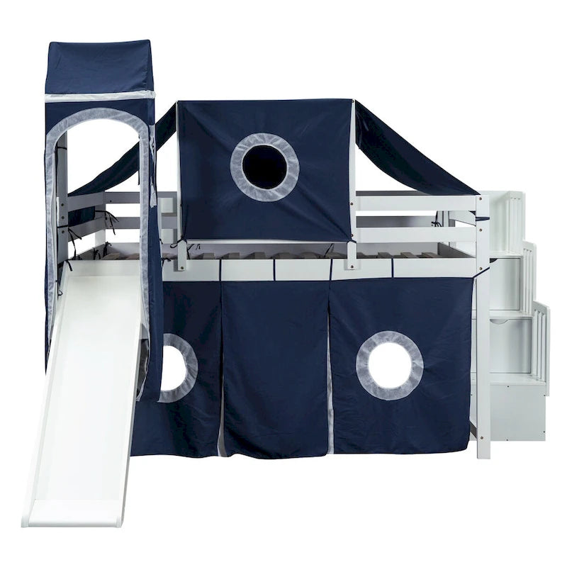 Castle style Loft Bed with Storage Staircase and Slide