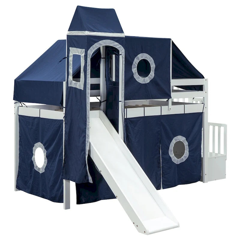 Castle style Loft Bed with Storage Staircase and Slide