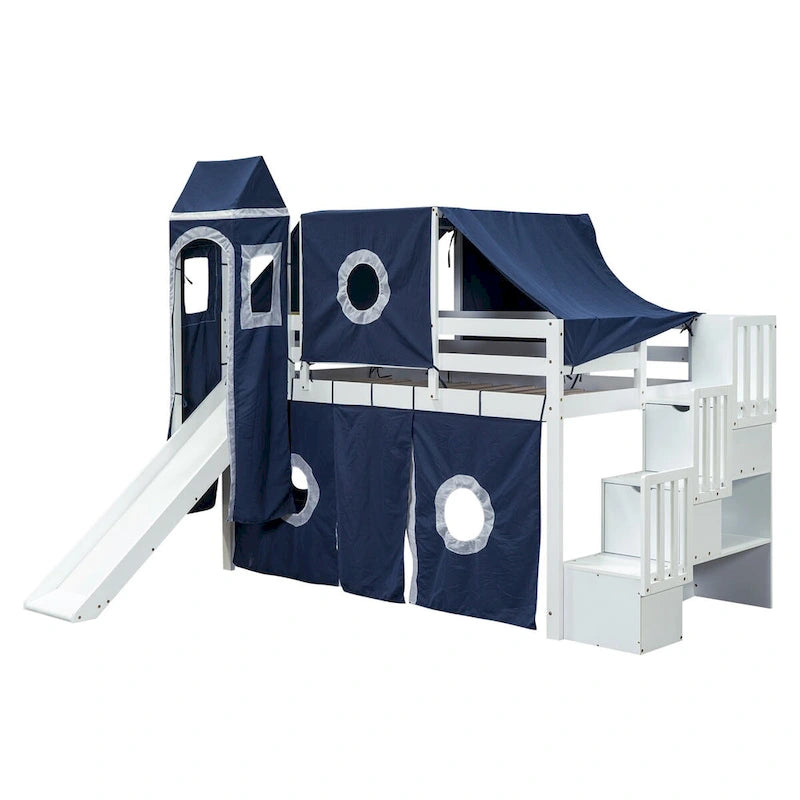 Castle style Loft Bed with Storage Staircase and Slide